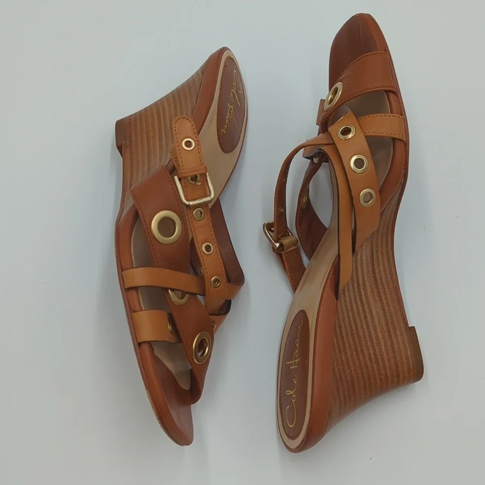 Cole Haan Whitney Wedge Leather Sandals 7.5B Brown Eyelet Strappy Slip On Women